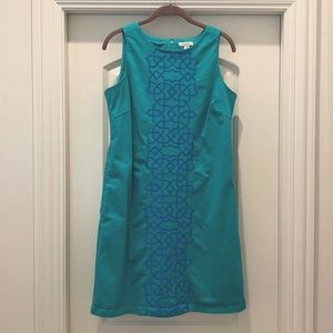 Summer teal dress with blue embroidered trim